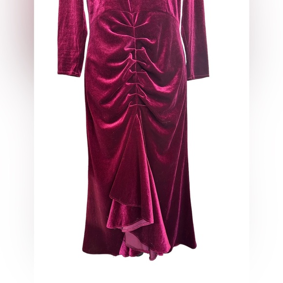 Eliza J midi ruched high collar open back burgundy velvet party dress - Picture 6 of 8